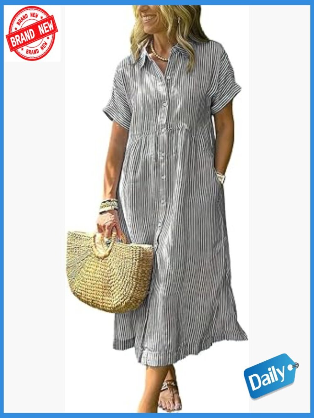 Striped Button Down Midi Shirt Dress With Pockets